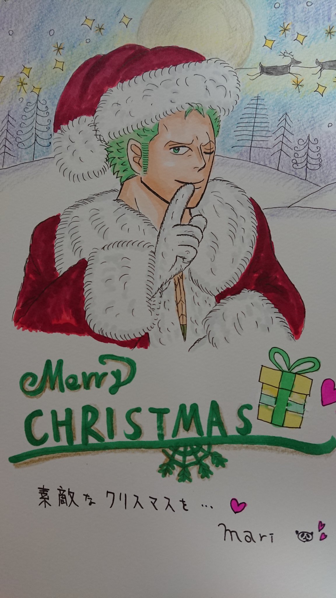 マリ Merry Christmas 皆様にとって素敵なクリスマスで あります様に 4コマだけの方が大遅刻しそうなので 先にイラストあげます ワンピース クリスマスイラスト ゾロ 絵描きさんと繫がりたい コピック画 色鉛筆画 T Co