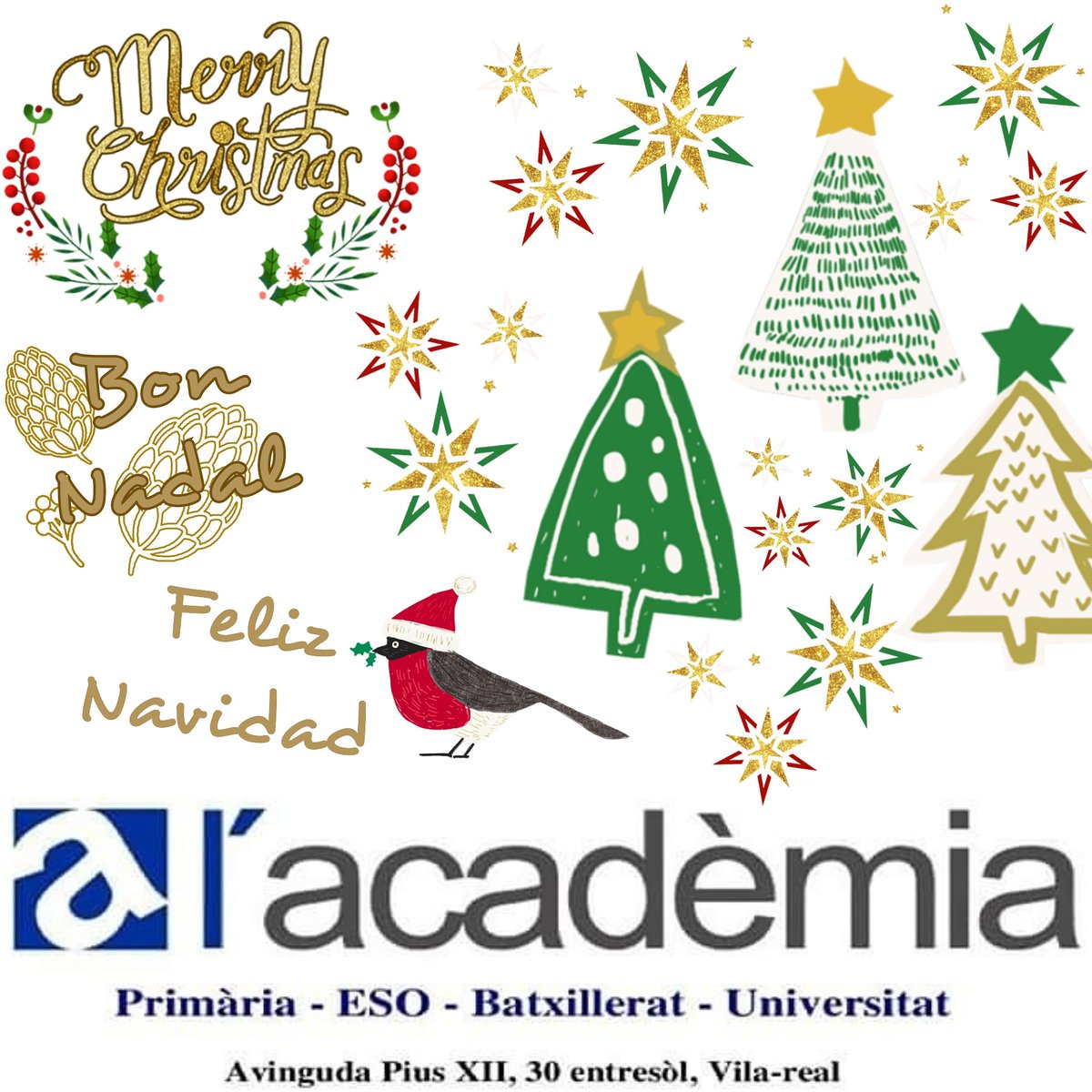AcademiaPio12's tweet photo. Des de l'acadèmia vos desitgem a tots i totes BON NADAL☃️🎅🤶!

#Formación #Educación #ESO #Primaria #bachiller #universidad #alumnos #padres #madres #maestros #maestros #profesores #profesoras #PinoSportÉlite https://t.co/AWVRXVci6e