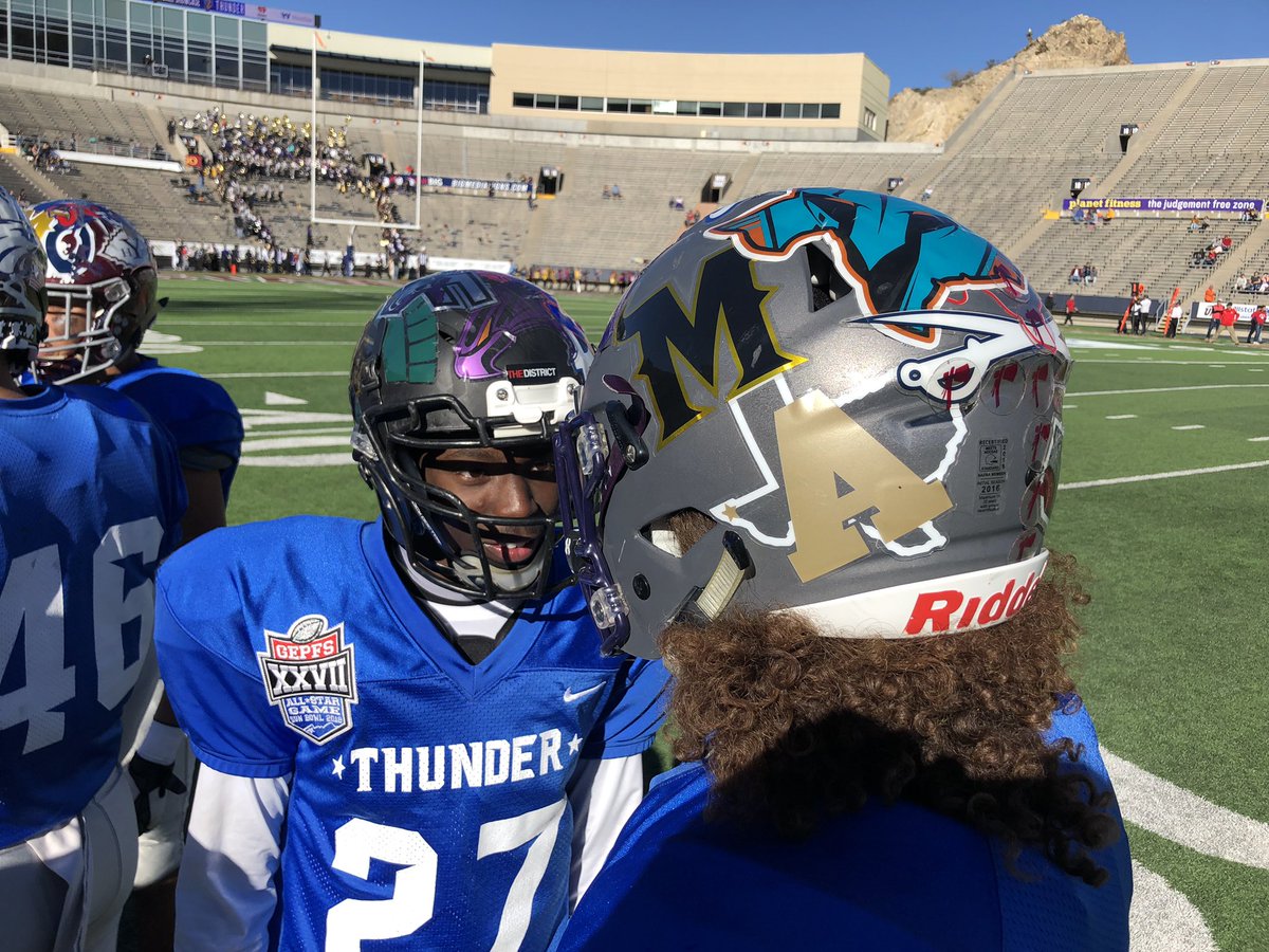 All-Star Games = Excess Helmet stickers. @915Showcase is going down today  at the Sun Bowl! Blue Thunder leads Red Storm 12-8 at halftime.
