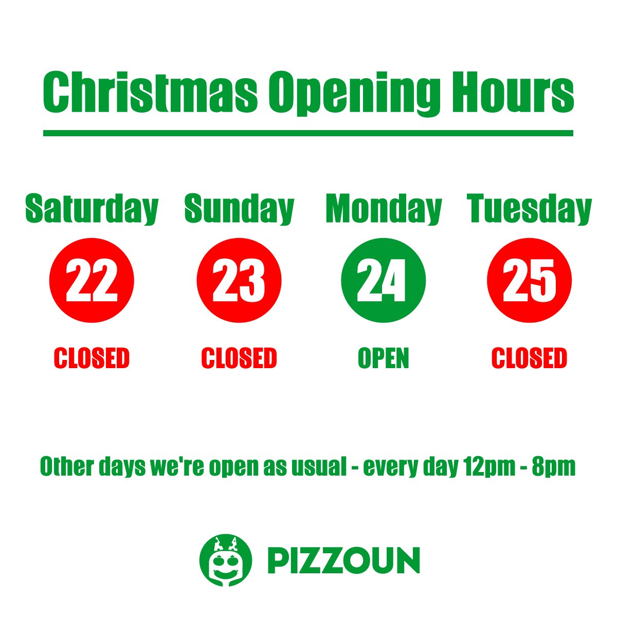 pizzoun's tweet photo. 🕒🎄 Check out our Opening hours during Christmas 🎄🕒⠀
😀😏 Basically we're open every day except of 22nd, 23rd and 25th 😏😀⠀
#pizzoun #torrance #palosverdes https://t.co/oTv1Tlp5AK
