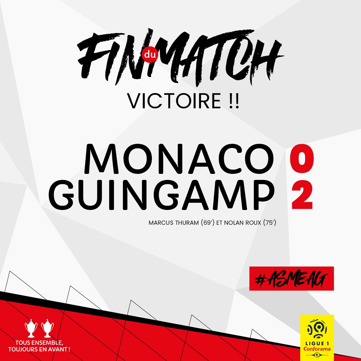 EAGuingamp's tweet photo. #ASMEAG (0-2) 90'+4' VICTOIRE !! En Avant réalise une très bonne prestation et s'impose logiquement à @AS_Monaco !! ♥♥♥ #tousensembleonvalefaire https://t.co/4l340Lk1fT