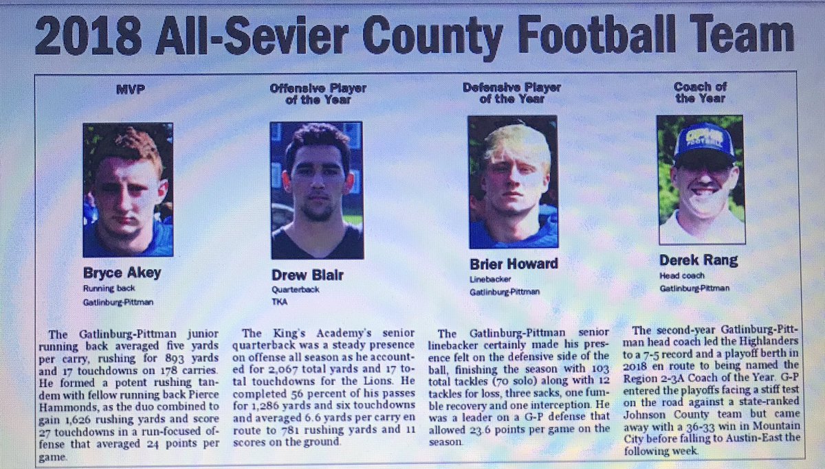 themtnthicket's tweet photo. Congrats to All the Players in Sevier Co for being selected to the 2018 All-County Team. And a Big Congrats to @Coach_Rang and the G-P players for being selected MVP and First Team. It’s Great to Be a Highlander!! #BAM #MountainTough https://t.co/VWDd7IrEUx