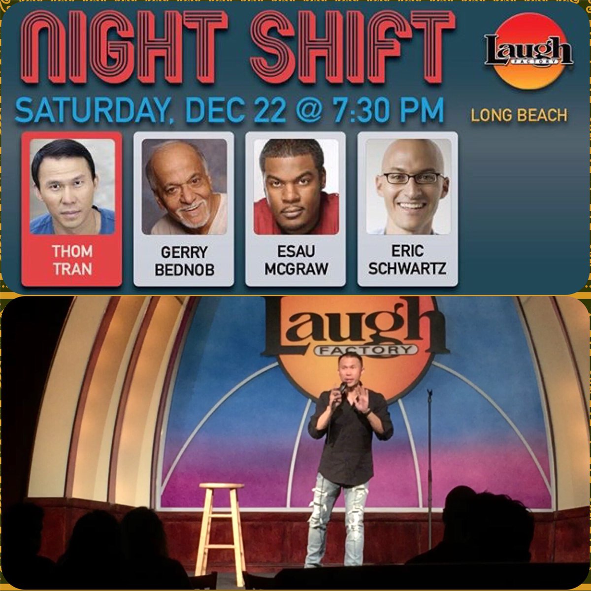 _thomtran's tweet photo. LONG BEACH! I’m back in the LBC at 7:30 PM hosting the #NightShift show at @LaughFactory_LB with these killers. Still time for free tickets. Hit me up I. The DM’s! https://t.co/8nwqw0J19d