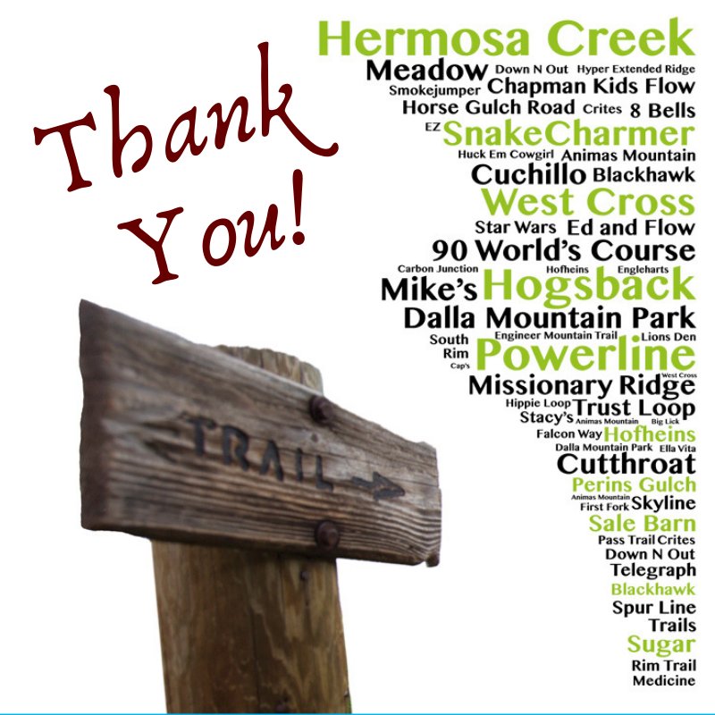 DgoTrails's tweet photo. Thank you to all who contributed to our Year End Campaign! From building the Spur Line Trails at Three Springs to clearing trees on the #ColoradoTrail, we are your trail partner. #DurangoTrails #Trails2000 #GreatCommunitiesBuildGreatTrails #GreatTrailsBuildGreatCommunities https://t.co/Vlv6sQEf38