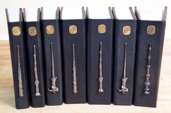 PotterWorldUK's tweet image. Leather bound Harry Potter books with removable Horcrux bookmarks