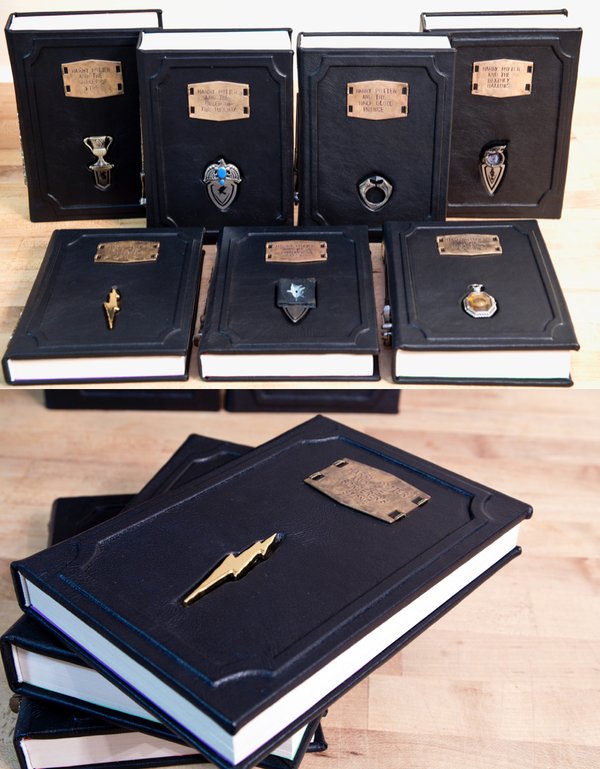 PotterWorldUK's tweet image. Leather bound Harry Potter books with removable Horcrux bookmarks
