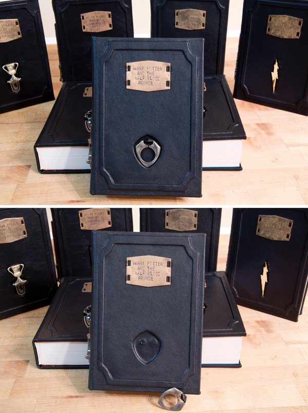 PotterWorldUK's tweet image. Leather bound Harry Potter books with removable Horcrux bookmarks
