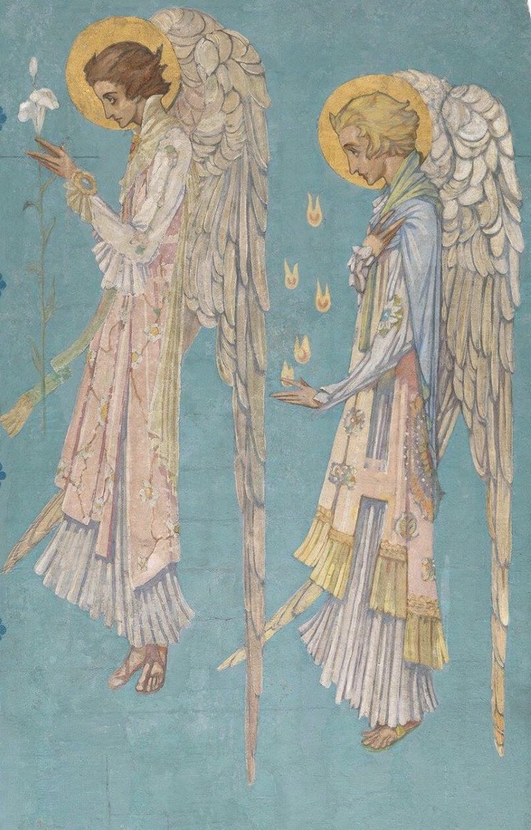 This is 1 of 6 decorative paintings of angels that Harry Clarke made in 1924 for St Mary’s Church, Haddington Rd. The canvases were discovered rolled up behind the church’s organ in 1968 &amp; subsequently acquired by us.

(Harry Clarke, Angels, 1924)

#12ArtworksofChristmas | 10/12