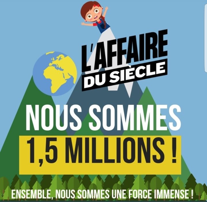 🎉🎉🎉 #LaffaireDuSiecle 🎉🎉🎉
1,5 MILLIONS DE PERSONNES soutiennent le recours et se mobilisent pour dire stop à l'inaction de l'État face aux changements climatiques !!! 

Continuez à partager l'appel, on vise les #2millionsPourLeClimat 🌍⤵️ bit.ly/2PQ27Ex