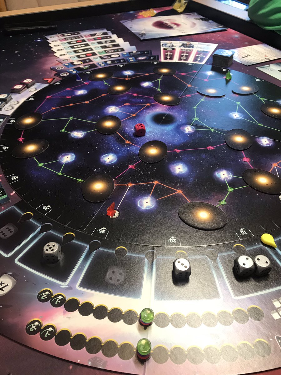 Greeting some  holiday game playing in. #plusar2849 <a href="/czechgames/">CGE</a> played with #gametoppersllc Space mat and <a href="/daedalus_pi/">Daedalus Productions</a> Space dice tower. Great game!!! <a href="/GamingRulesVids/">Gaming Rules!</a> #boardgames #boardgametables