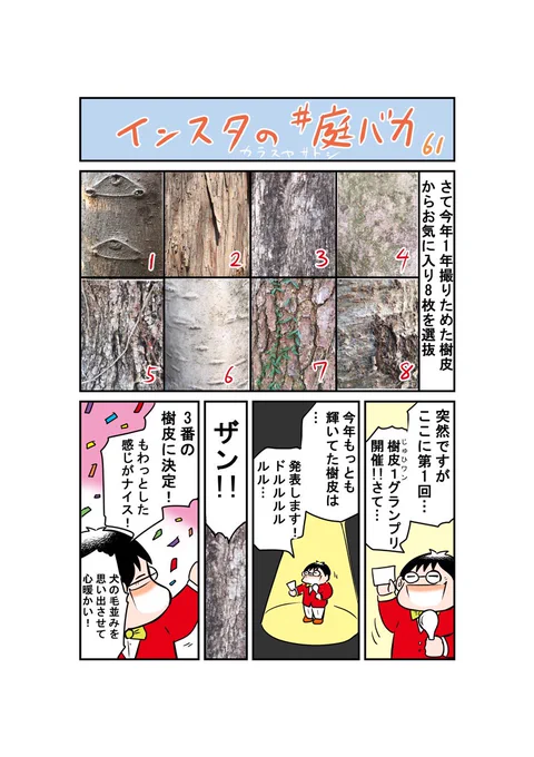 おはようございます、インスタ庭漫画第61回「樹皮ー1グランプリ2018」。「この樹皮がすごい!」でもよかったかも。#庭バカ #樹皮 