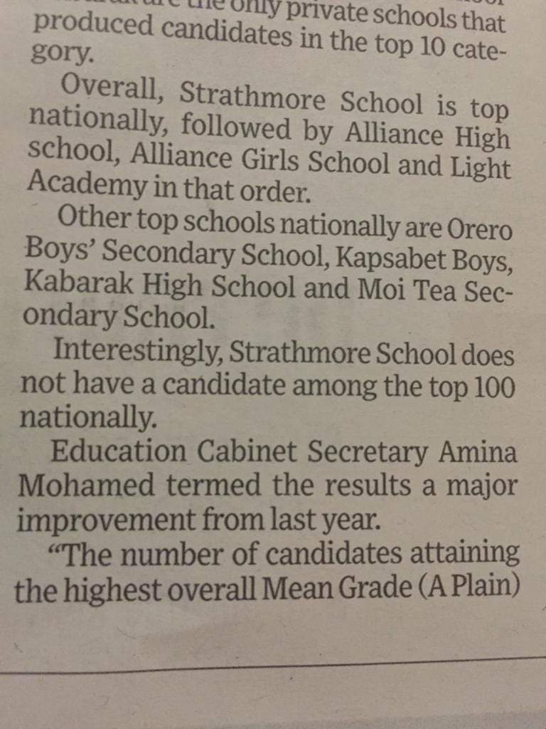 Congratulations to Strathmore! The most consistent school in KCSE every year! Proud alumnus! It is the best High School in Kenya. No debate. It takes exemplary teaching and discipline for a day school to consistently perform this well.