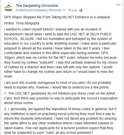 TheDarjChron's tweet image. In July 2018 we were the only news outlet that carried the plight of Tirna Sengupta who was NOT ALLOWED to sit for her #NET Exams at @DPSslg, as she was wearing a jump suit

No outrage over Her "Right to Education" denied in #Bengal #StopSelectiveOutrage
 
facebook.com/TheDarjeelingC…