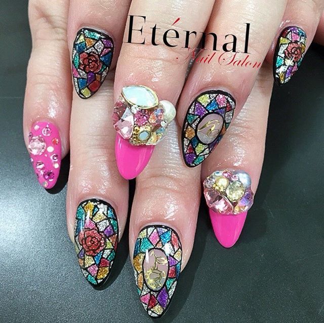 エターナル ステンドグラス ステンドグラスネイル ピンク ビジュー スワロフスキー Vカットストーン バラ 薔薇 ネイル ジェルネイル ネイルサロンエターナル 金沢 Stainedglass Pink Bijou Swarovski Rose Nails Gelnails Nailstagram