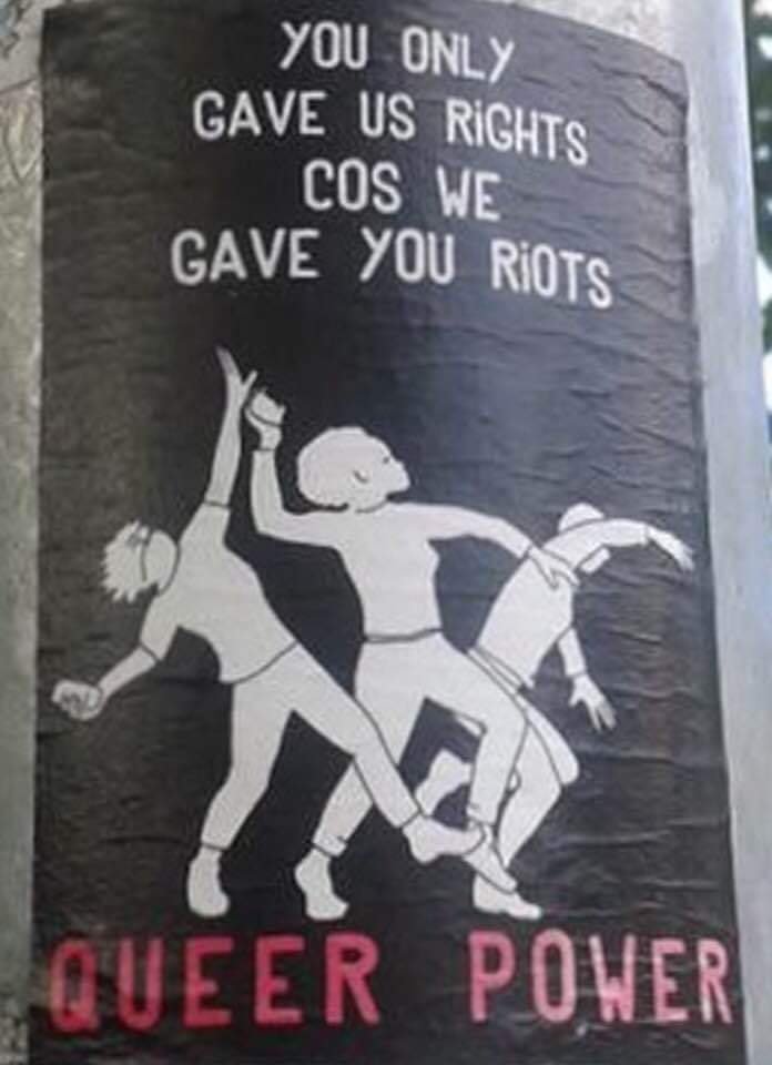 "YOU ONLY GAVE US RIGHTS COS WE GAVE YOU RIOTS, QUEER POWER" Black protest poster with three figures throwing bricks