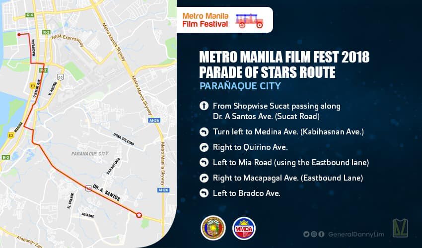 MMDA's tweet photo. ADVISORY: Isasara ang kahabaan ng Sucat Road sa Parañaque City nang eksaktong 12PM ngayong araw ng Linggo, Disyembre 23 para sa MMFF 2018 Parade of Stars. Maghanap na ng mga alternatibong ruta kung dadaan sa nasabing lugar. #mmda https://t.co/TqLayiQ31J