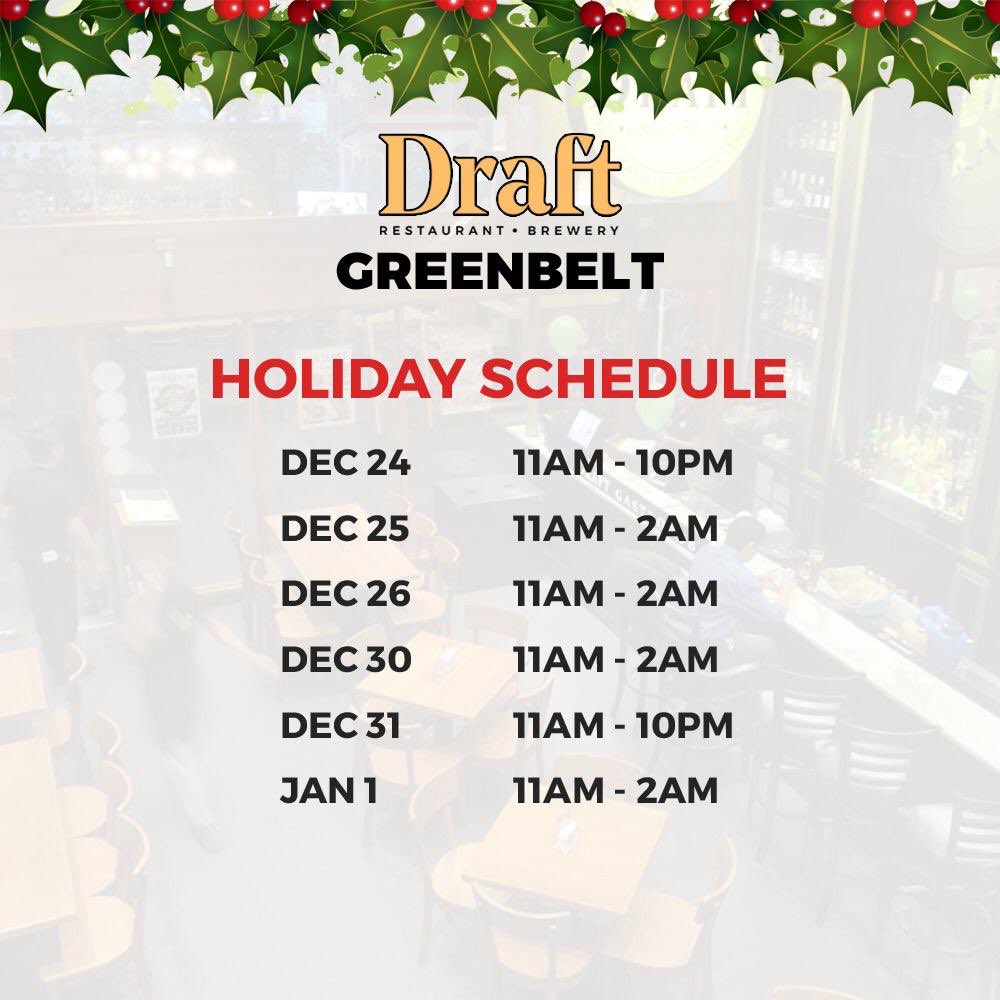 ilovedraftph's tweet photo. To our valued guests, please take note of @iloveDraftPH branches' Holiday schedules!🎄🎉 

For your reservations, contact 0917 507 3442
.
.
.
#iLoveDraftPH
#Holidays
#HolidaySeason
#WeAreOpen
#DraftRockwell
#DraftGreenbelt
#DraftOrtigas
#DraftAlabang https://t.co/2KHjM5hJwb