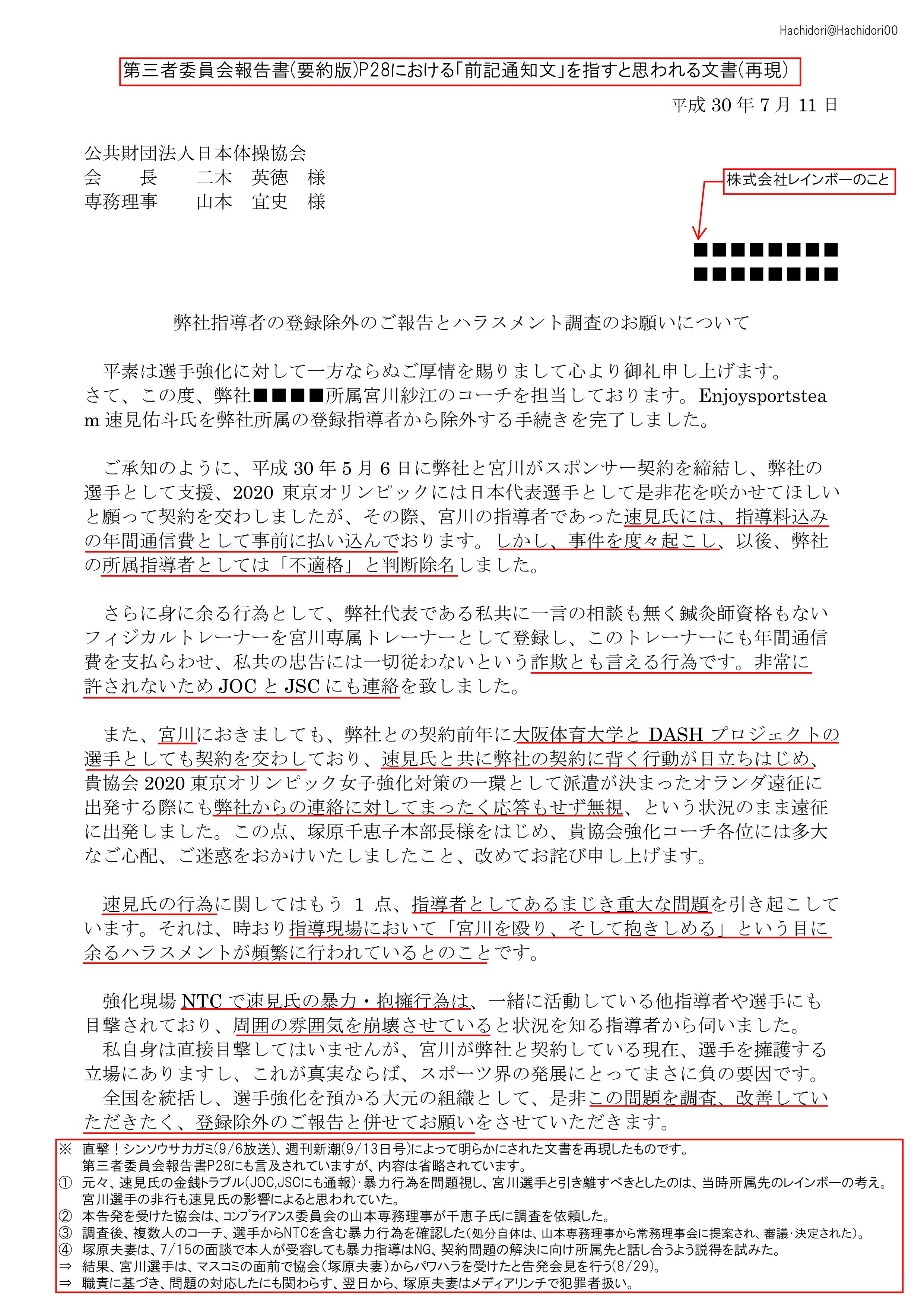 Hachidori 第三委報告書p28で略された 宮川紗江 選手の当時所属先 レインボー社からの 通知文 を再現した この文書を受け 職責に基づき対応した結果 パワハラ告発されたら社会はどうなる 本文書と速見氏の暴力行為を念頭において 改めて第三委