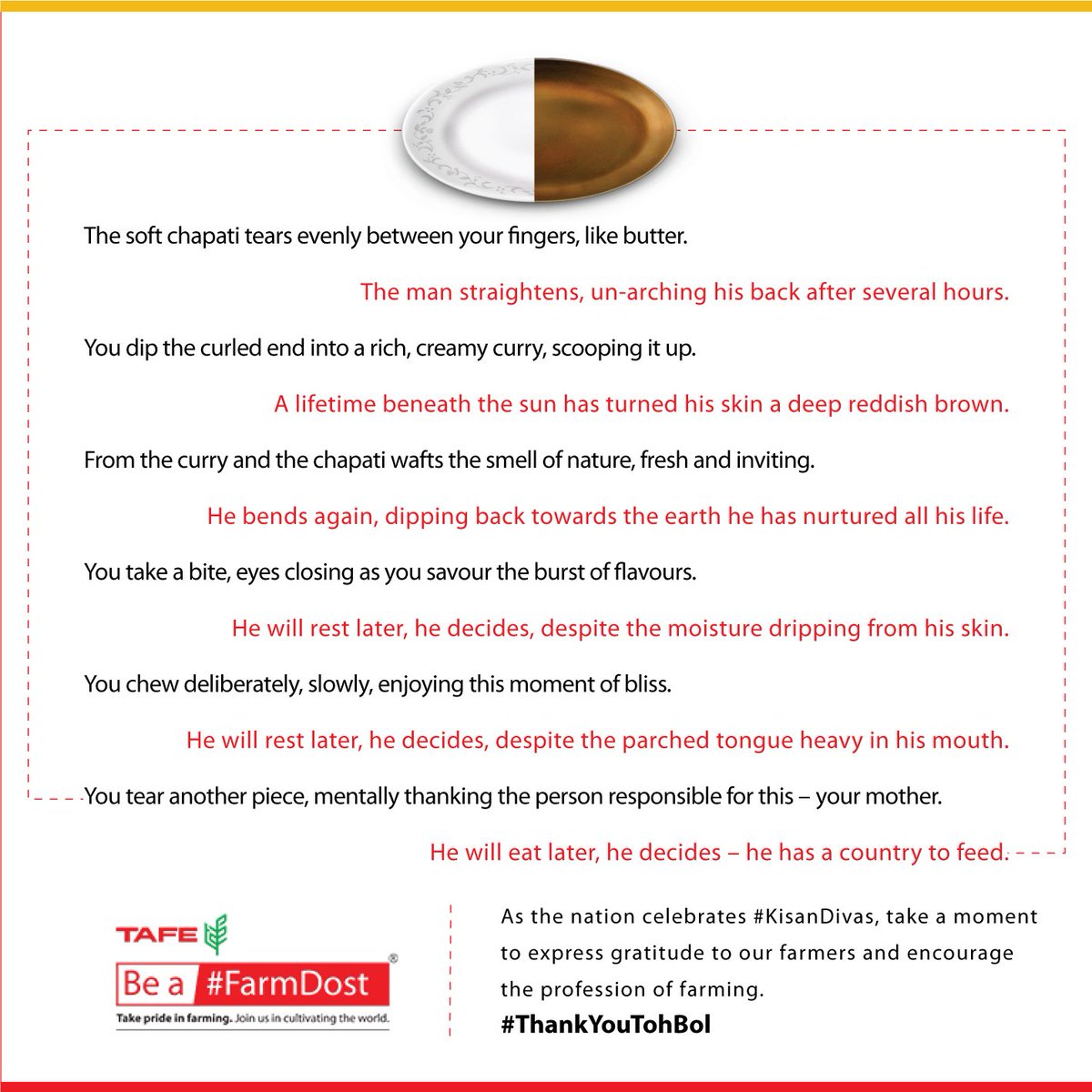 FarmDost's tweet photo. As #India celebrates #farmers and #farming this #NationalFarmersDay, express your gratitude and post your ‘Thank You’ messages to our farmers in the comments section with #ThankYouTohBol. Be a #FarmDost. Take pride in farming. Join us in Cultivating the World.

#KisanDivas https://t.co/Nhbl9R2bEo