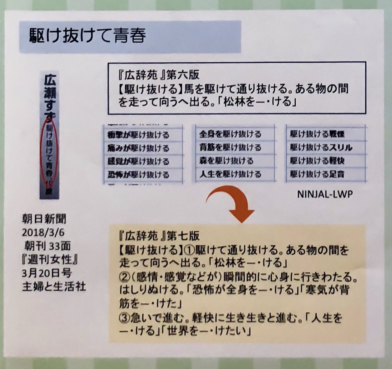 西練馬 用例から 駆け抜ける の広辞苑の語釈を補充した という部分 比較すると 現代的な辞書としばしば目される大辞林 大辞泉 三国の方は物理的な意味しか押さえていないように見える 特に三国は このワードチョイスだと抽象的な 用法には対応しえ 西練馬 用例から 駆け抜ける の広辞苑の語釈を補充した という部分 比較すると 現代的な辞書としばしば目される大辞林 大辞泉 三国の方は物理的な意味しか押さえていないように見える 特に三国は このワードチョイスだと抽象的な 用法には対応しえ