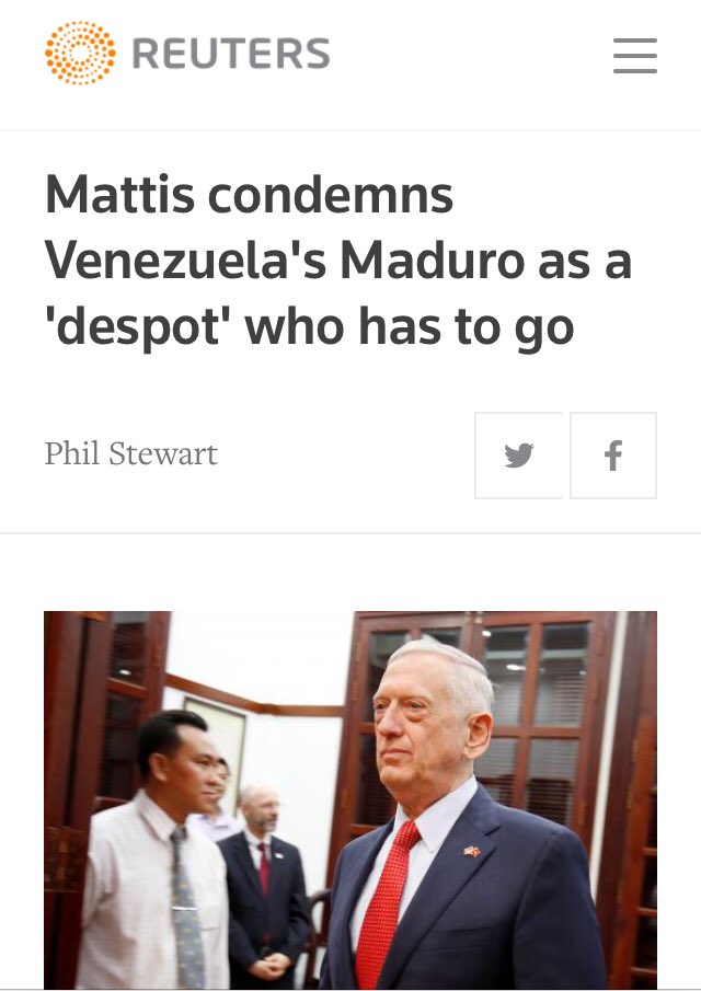 TacoTuit's tweet photo. Secretario de Defensa Mattis condenó a Maduro, pero renunció al no poder frenar las acciones contrarias al interés de EEUU de Trump. Le toca al pueblo de #Venezuela y a los paises de la region hacer algo para cambiar la situación. Lo harán? 🙄 #ShowIntl continúa #23dic #24dic https://t.co/q5qfGvSAqt