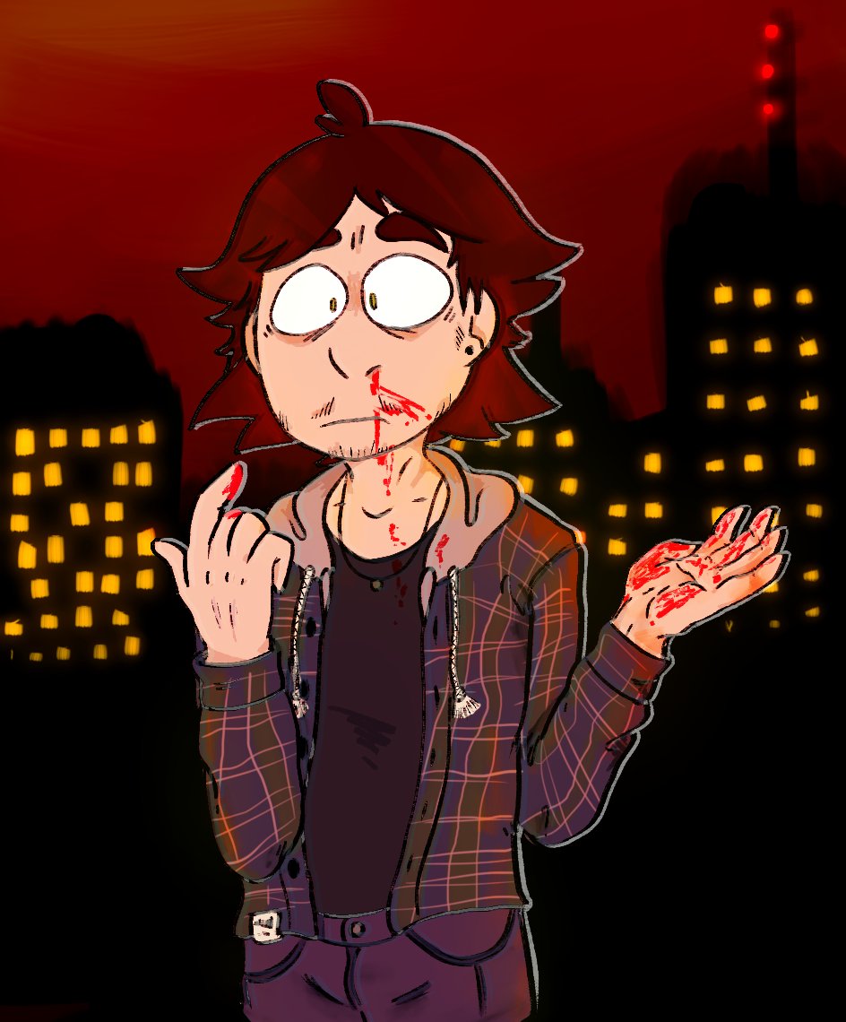 i& #39;ll start with alex rockford, a character actually made by my bf  @squidpet! he& #39;s a young trans guy who after living on the streets finds a home in a fictional town i created called westray where all my other (human)(?) ocs live.