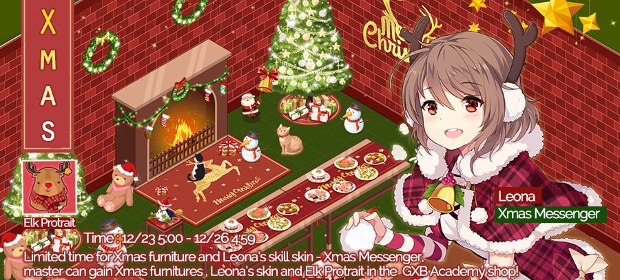 GirlsGxb's tweet photo. Hi dear master, Christmas is coming, please come and help your girls decorate their rooms~ There is furniture for Christmas in GXB academy shopping. You can get Leona's Xmas Messenger and redeem rare elk portrait there too! https://t.co/5MsaXL2JPw