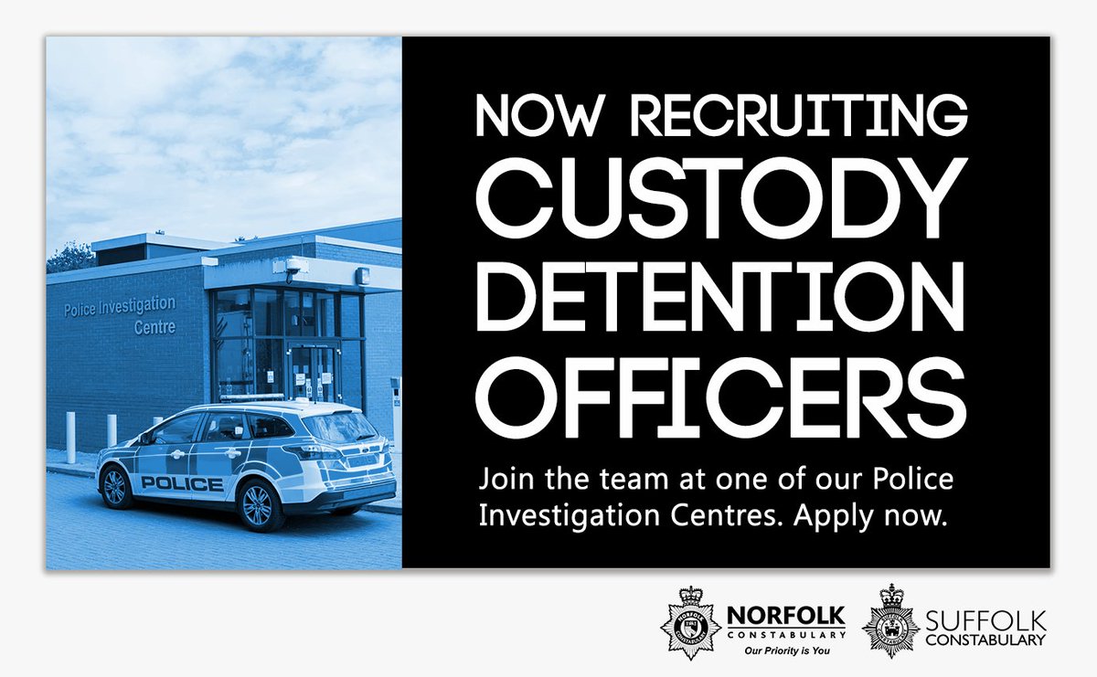 NorfolkPolice's tweet photo. We are recruiting custody detention officers to work in Police Investigation Centres. We have full time, part time and casual call in vacancies across Suffolk and Norfolk.
For more information, visit – https://t.co/JFmYB6uurw https://t.co/UtRZzXG1qz