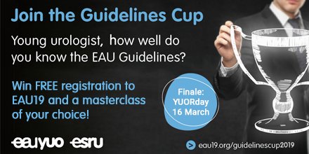 Uroweb's tweet photo. Calling all Junior EAU Members! Show us how much you know about the #eauguidelines for a chance to win a free registration to #EAU19 and a @UrowebESU masterclass of your choice! Join the #GuidelinesCup during Week 51 (17-23 Dec). Know more here https://t.co/Rl9g8TCYJF https://t.co/QMatnPn2T3