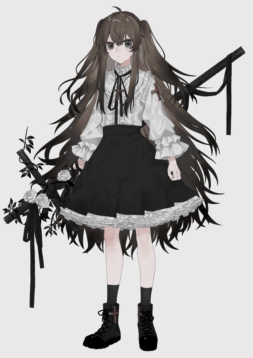 1girl solo long hair skirt black eyes flower black skirt  illustration images