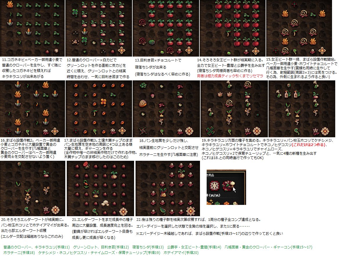 Comlv 28 ガーデン2周目以降種子コンプ攻略法 但し角砂糖不使用かつ時短で行う 作りました 時短なので新種を次々とノンストップで 交配にかけてから種子を得る攻略法です 新種の出る位置は毎回変わるので必ずこの配置とは行きませんが これが恐らく理想