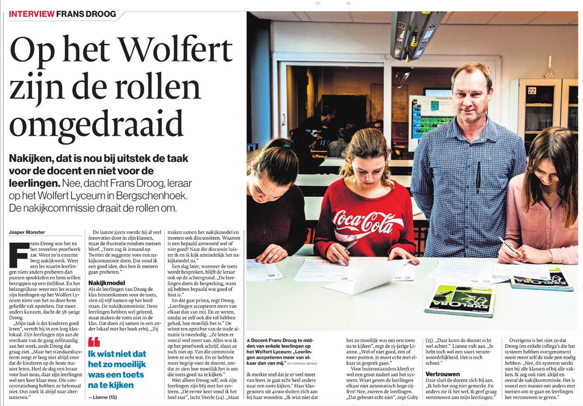 Het interview over de #nakijkcommissie is een mooi verhaal geworden in het AD-Rotterdam.
Vertrouwen in leerlingen een van de sleutels.
#onderwijs #prachtberoep