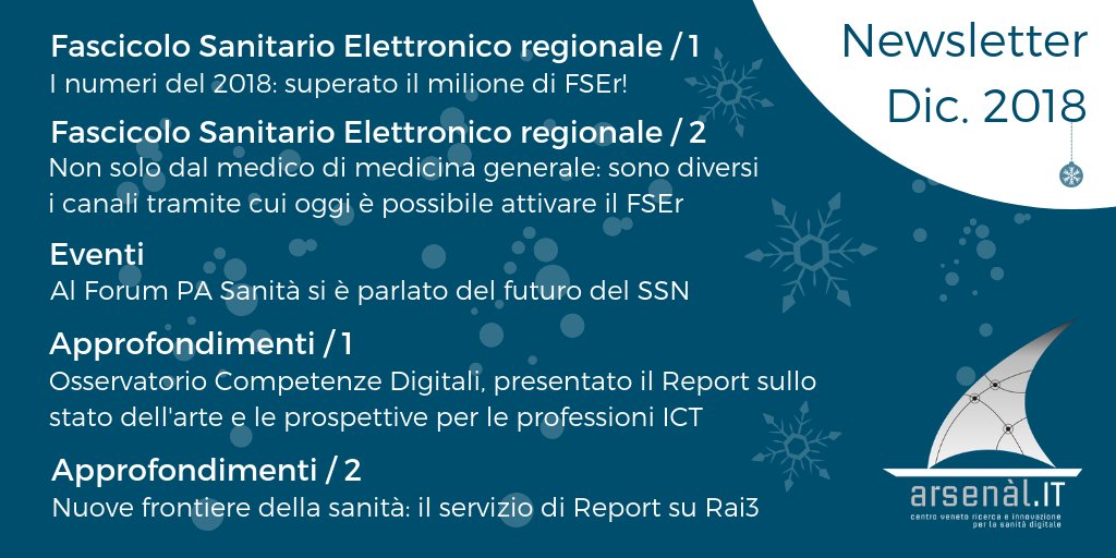L'ultima #newsletter del 2018 celebra il milione di #FSEr in <a href="/RegioneVeneto/">Regione del Veneto</a> e fornisce approfondimenti sul futuro dell'#ehealth. Regalati l'informazione più aggiornata ogni mese, iscriviti alla nostra newsletter: bit.ly/NewsletterArse…
<a href="/Consorz_Arsenal/">Consorzio Arsenàl.IT</a> vi augura #buonefeste!