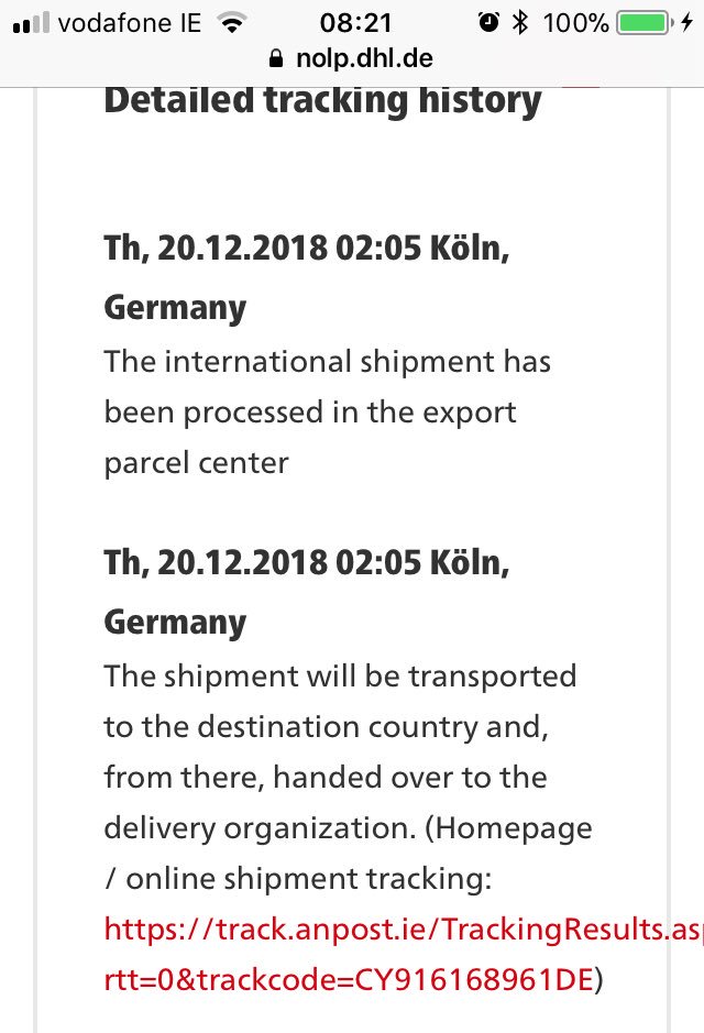 #DHL <a href="/DHLPaket/">DHL Paket</a> how long does it take an international shipment to be prepared for forwarding to its destination country (Ireland)? Stuck at this status since Thursday morning. Ordered 8th Dec, handed over to DHL 15th Dec and still not recognised on An Post tracking system.