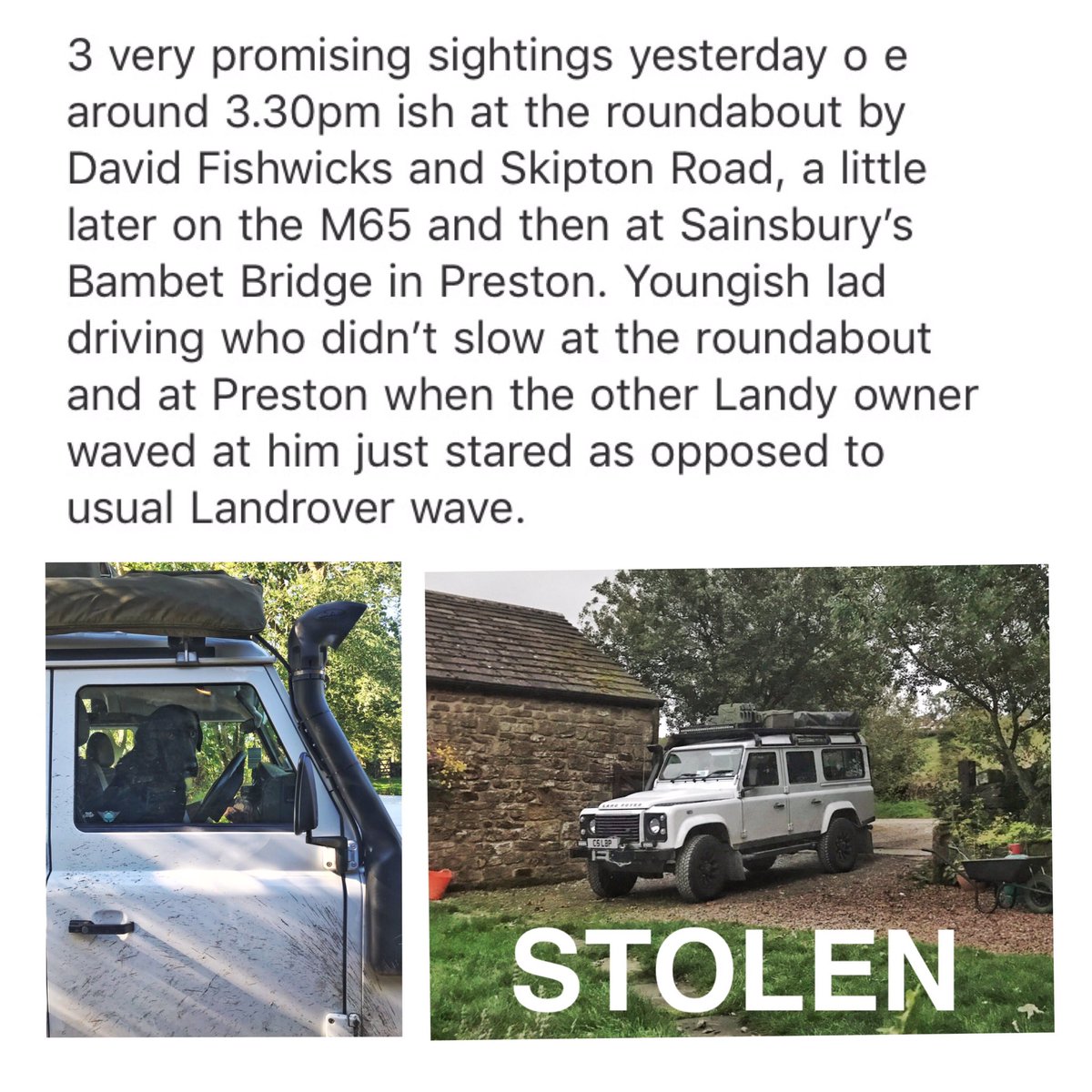5littleboys1's tweet photo. Not giving up! #StolenLandrover #StolenDefender #FindAlbert
@LancsPolice @MerseyPolice @gmpolice @StolenWheels @BBCNews @TheSun @TheSunNW https://t.co/lU0qXM6wt7
