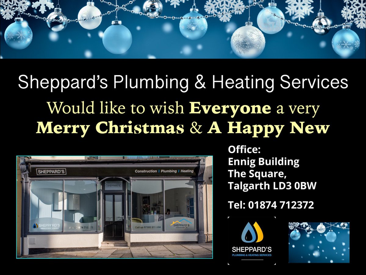 Merry Christmas & a Happy New Year from all at Sheppard’s Plumbing and Heating Services in Talgarth! 
#Talgarth #LocalPlumbers  #HeatingEngineers  #Plumbing #Powys @fyitalgarth @FYIbrecon
