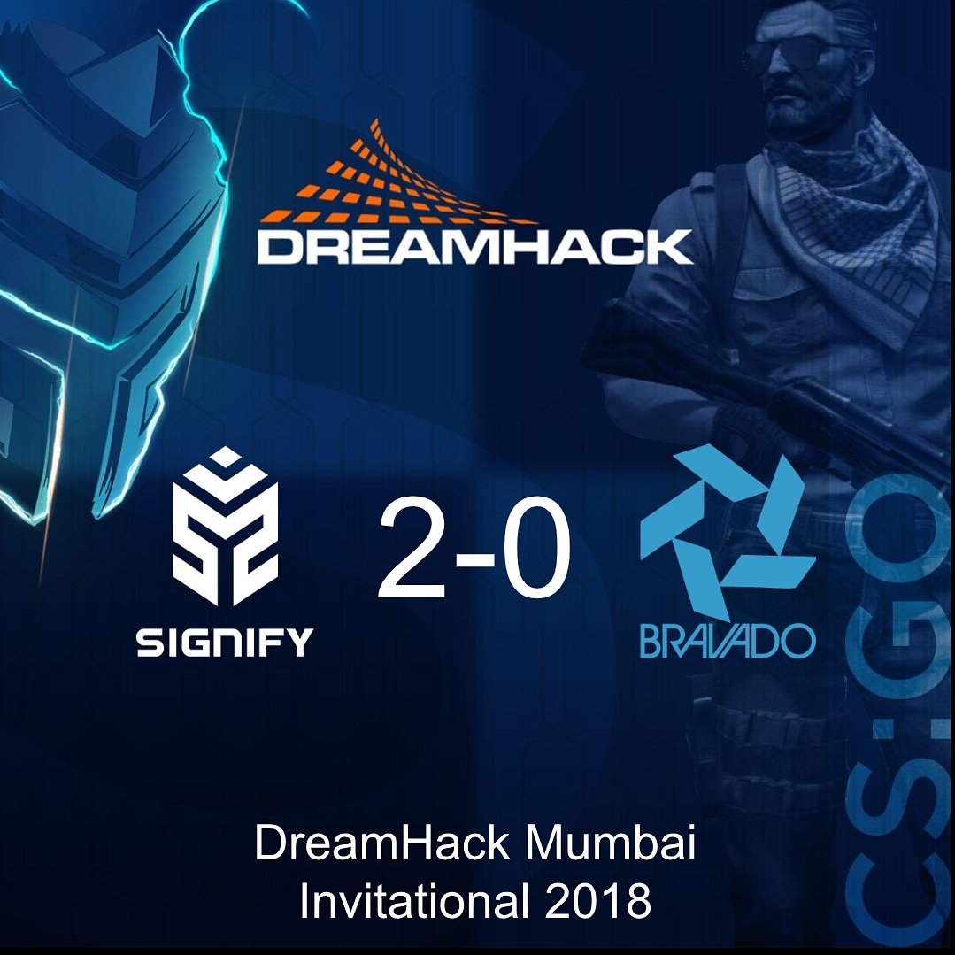 SignifyCSGO's tweet photo. We won against Bravado Gaming with 2-0 scoreline! And now we are through to the Grand Finals of DreamHack Mumbai Invitational 2018!

Thank you for the full house crowd at the venue and also those who are watching from home.

#SignifyGG #PrideOfIndia #DreamHackMumbai https://t.co/QtB3IOpJLv
