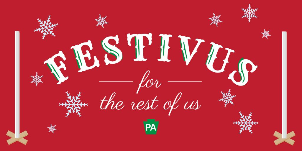 Red background with snowflakes, Festivus pole, and text reading Festivus for the rest of us