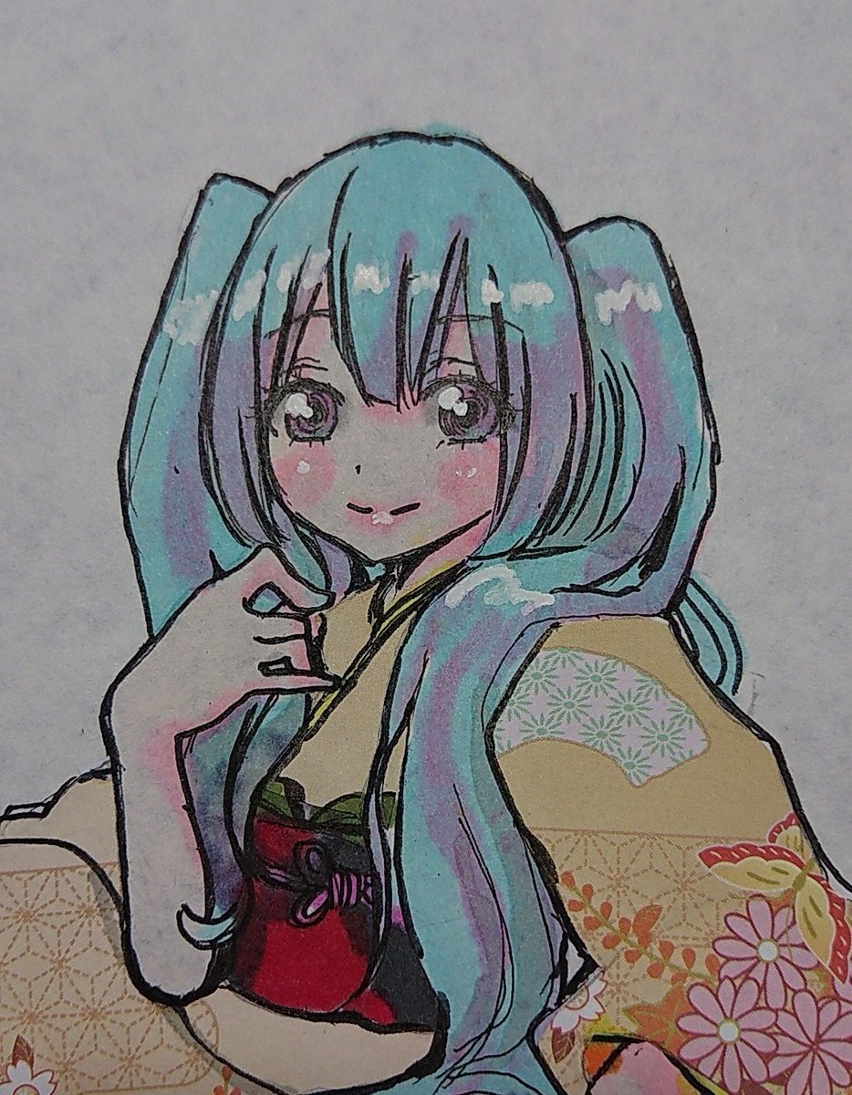 りおねる ４枚目ー 今日はここまで 初音ミク ボカロ アナログ絵 ダイソー イラストマーカー 和風ちよ紙