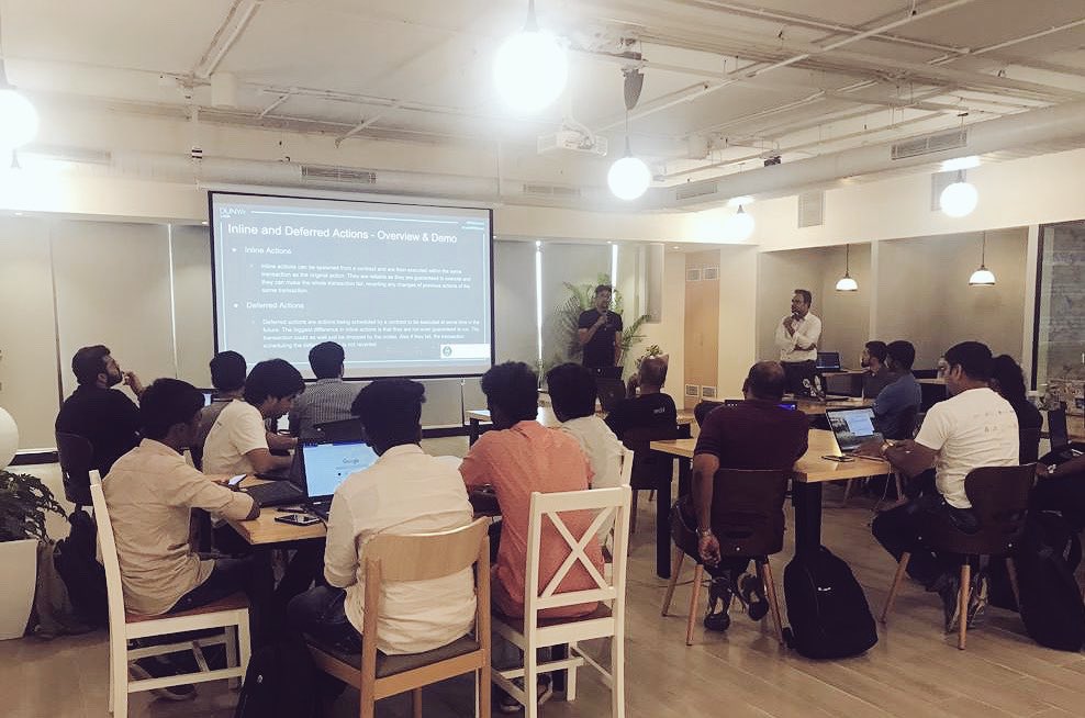 DunyaLabs's tweet image. Our very own Srivatsa Katta, CTO and Roshan Raka, Blockchain Developer introduce inline and deferred contracts to the participants! #CodeWithDunya #EOSCatalyst #Blockchain
