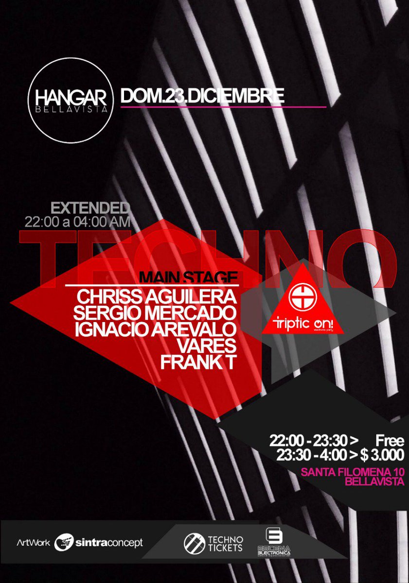 SintraConceptCL's tweet photo. HOY #MainStage #Techno! #Djs en #HangarBellavista! #FelizDomingo #HayQueIr #RRSS #Santiago #Providencia #Ñuñoa #LasCondes #LaReina #Vitacura #LoBarnechea #LaDehesa #Chicureo #Chile #TripticOn #TripticOnChile #SintraConcept #Retweet #RT #MeGusta #MG https://t.co/dPGxduwHGy