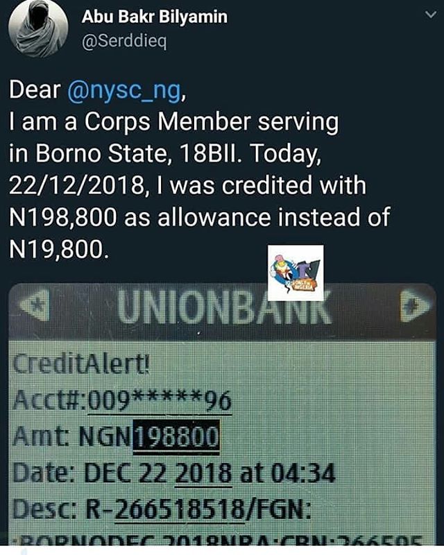 NaijaCorpers's tweet photo. Borno corper notifies NYSC of payment of 198,800 by Wema Bank instead of 19,800. #Patriot 🇳🇬👮🙌
.
#NaijaCorpers https://t.co/YsOH9YhvMr