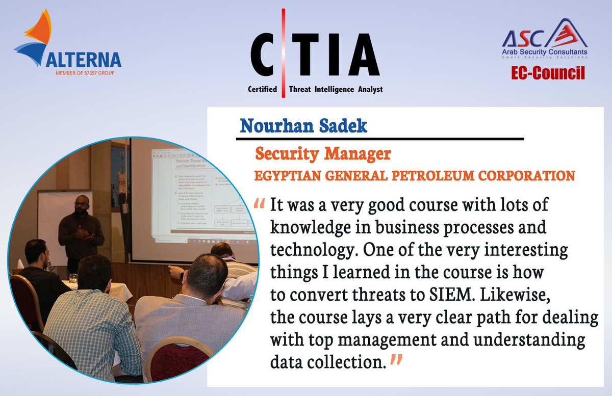 alterna_eg's tweet photo. CTIA course #testimonial of participants. @Moh_aFattah @ECCOUNCIL https://t.co/PoJWRxZW5h