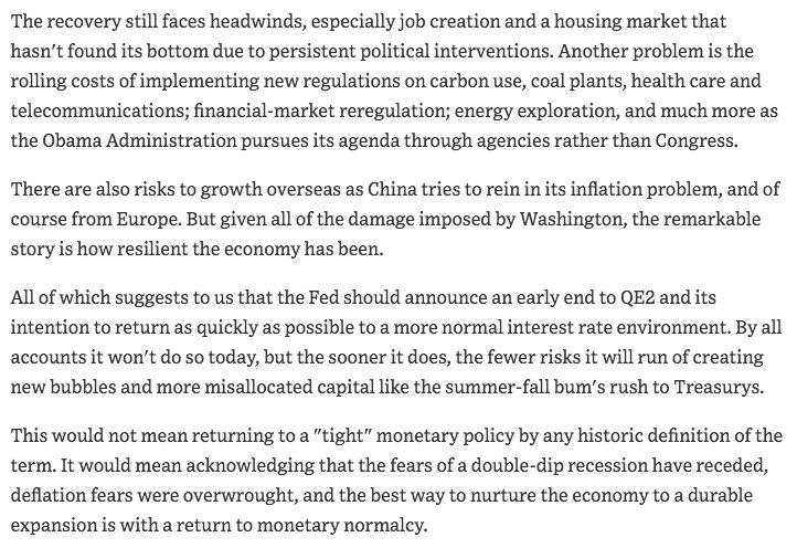 December 2010  https://www.wsj.com/articles/SB10001424052748703727804576017340607287086"the Fed should announce an early end to QE2 and its intention to return as quickly as possible to a more normal interest rate environment...the best way to nurture the economy to a durable expansion is with a return to monetary normalcy."