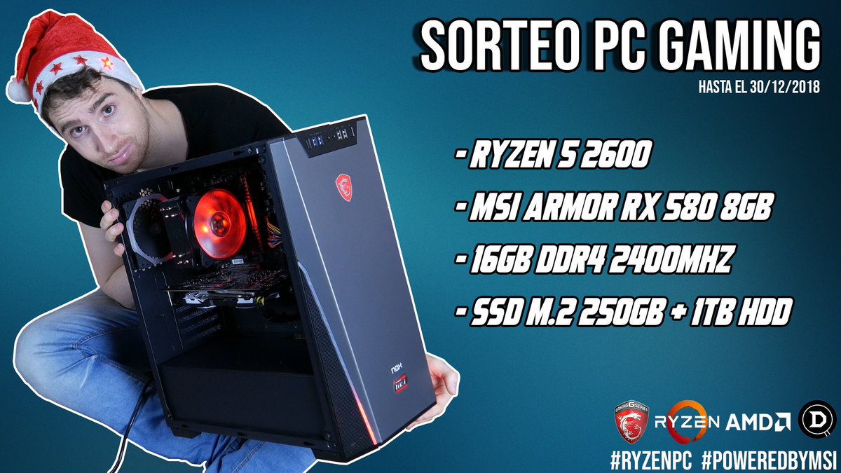 Sorteo PC GAMING con Ryzen 5 2600 + RX 580!
Para participar haz RT, comenta con los hashtag #POWEREDBYMSI #RYZENPC y sigue a:
- <a href="/MSI_ES/">MSI Gaming España</a> 
- <a href="/AMDGaming/">AMD Gaming</a> 
- <a href="/AMD/">AMD</a> 
- <a href="/DanteGTX3/">DanteGTX & NEWK</a> 
Finalizará y se anunciará al ganador/a el 30/12/2018
SORTEO: gleam.io/competitions/y…
