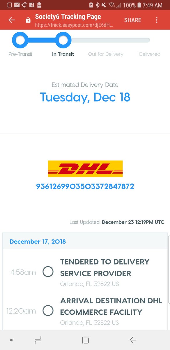 Mess2140's tweet photo. @DHLeCommerce please explain why my package has to sit in your orlando warehouse for a week? And how do you run a shipping business that is closed on the weekends? I expect it here Monday so my child can get her santa gift on Christmas. #duedatefail #whereisUPSwhenyouneedthem https://t.co/MnkCD1jyCI