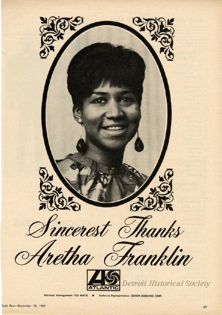 #OTD in 1967, Cash Box magazine featured an advertisement for Aretha Franklin from <a href="/AtlanticRecords/">Atlantic Records</a> on the reverse of the magazine's listings for the year's top musicians. Learn more about Aretha in our memorial exhibition, on display now at the Detroit Historical Museum.
