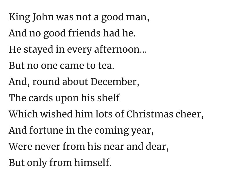davidfrum's tweet photo. Second stanza of AA Milne's King John Christmas poem https://t.co/j0NwehuWsr