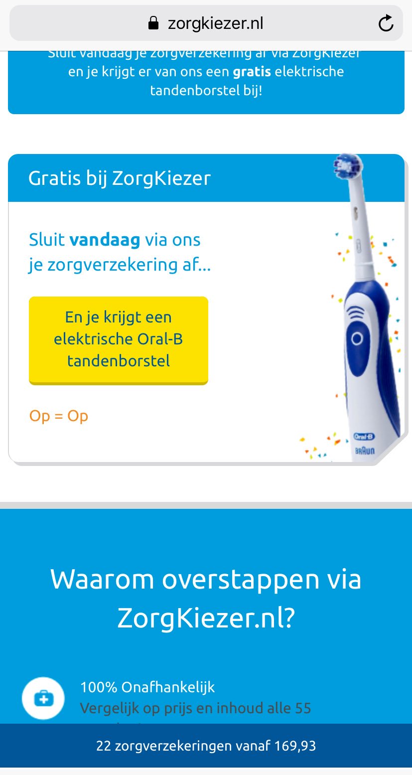 vergeten spoor campagne Anita Betten on Twitter: "@michieltrouw @Zorgautoriteit @ZNnieuws @MinVWS  Als je via @ZorgKiezer je verzekering afsluit krijg je gratis een  elektrische Oral-B tandenborstel cadeau, ongeacht bij welke  verzekeringsmaatschappij. @Zorgautoriteit geeft aan ...