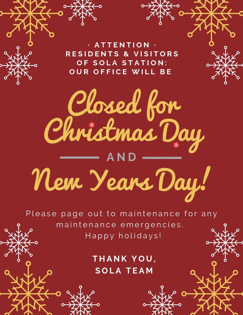 The leasing office is open today and tomorrow! See below for our adjusted holiday hours! ❄️❄️❄️